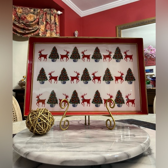 Jaye's Studio + WH Hostess Reindeer Enameled Tray w gold feet & edging Xmas - Picture 3 of 12